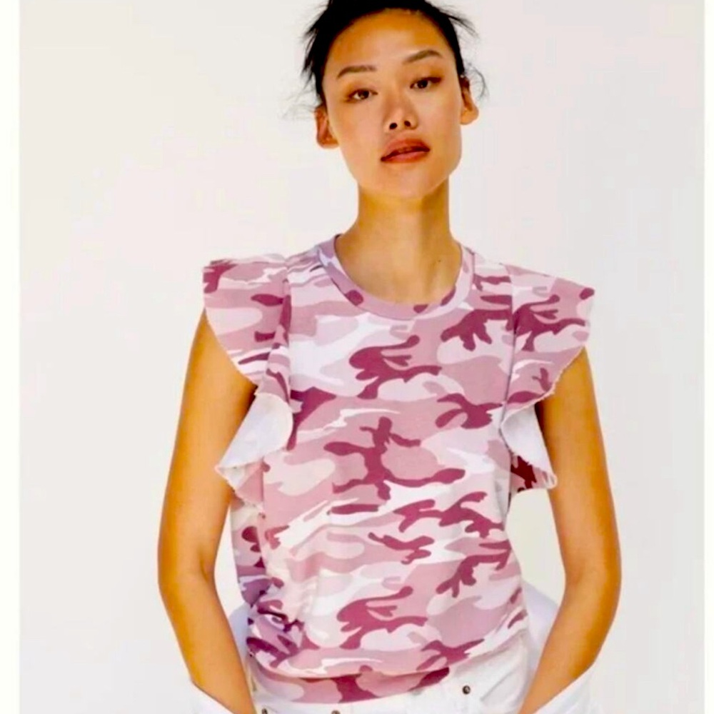 Anthropologie Pink Camo Ruffle Sleeve Tee